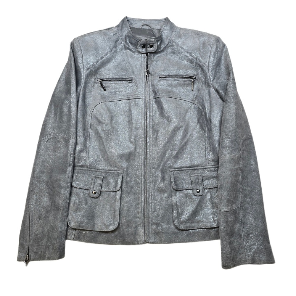 Alfani Suede Leather Moto Jacket Women‎ Medium Metallic Silver